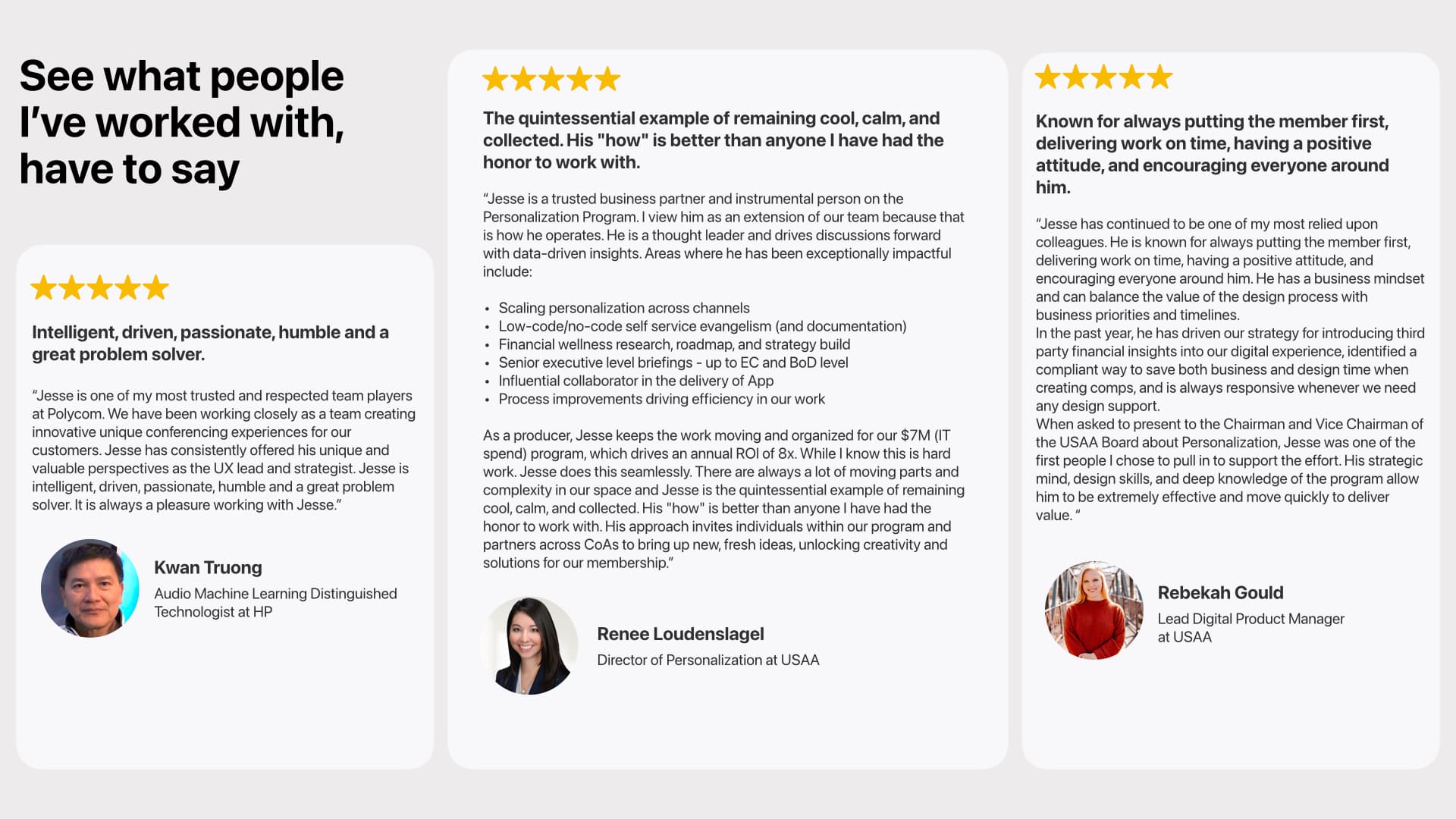 Peer recommendations describing Jesse Coleman as collaborative, thoughtful, and effective at creating clarity