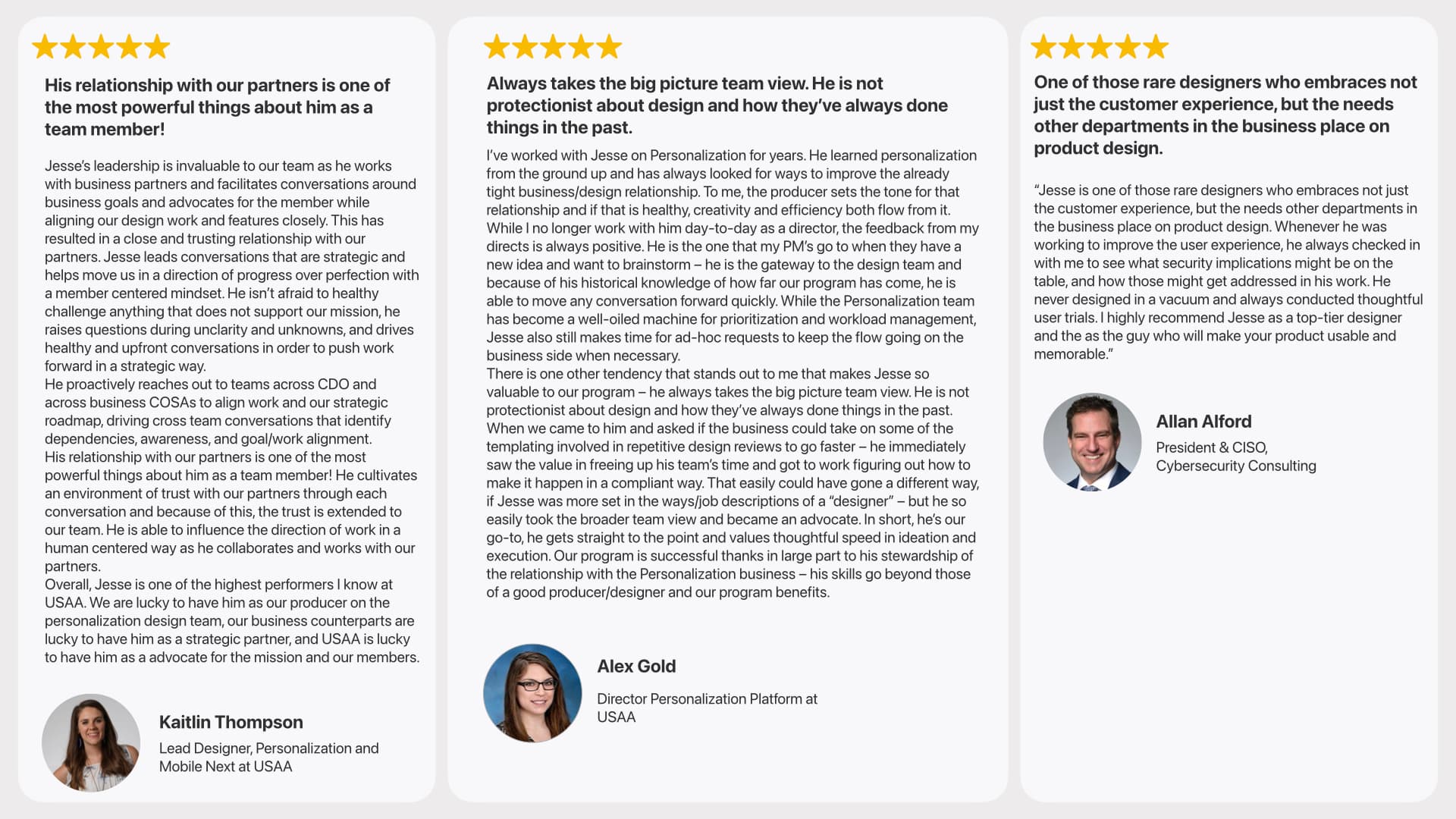 Additional peer recommendations describing Jesse Coleman’s design leadership and product impact