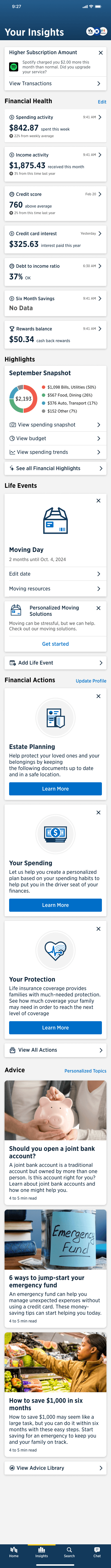 Long-form mobile Financial Insights feed with spending, credit, savings, life-event, and advice sections