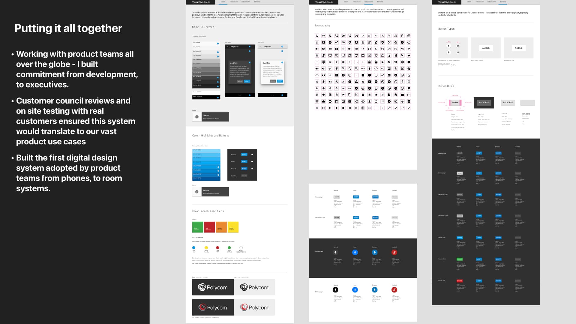Complete design-system slide showing typography, color, components, icons, and interface examples